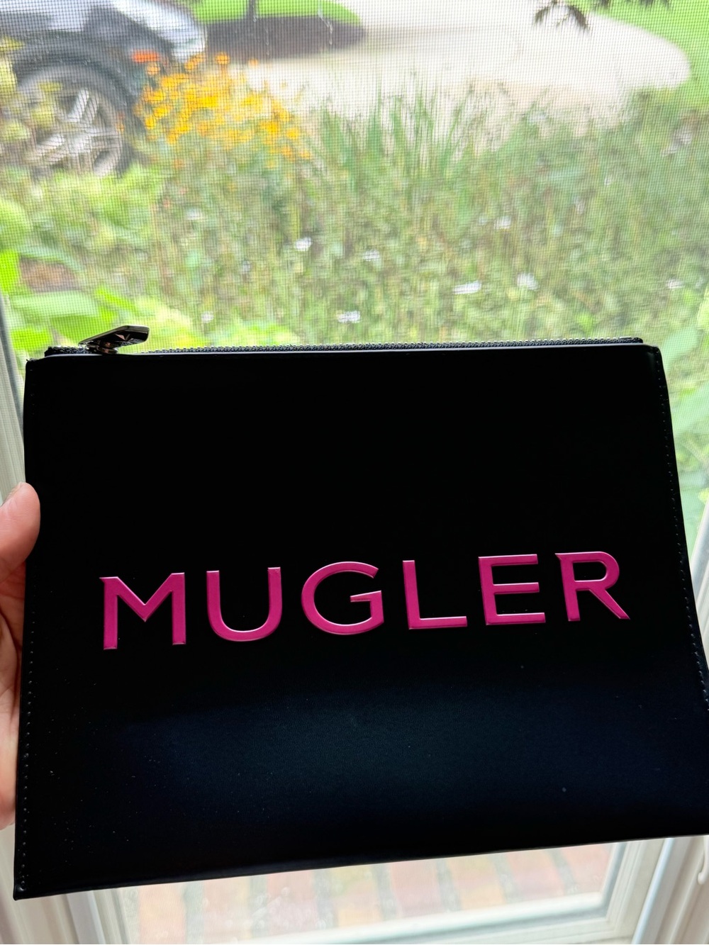 Mugler Black Clutch with Pink Raised Logo